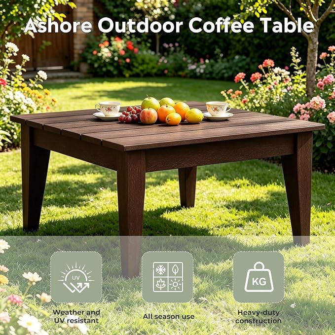 WestinTrends Ashore Outdoor Coffee Table, 32 Inch All Weather Poly Lumber Adirondack Patio Coffee Table Square Low Table, Dark Brown