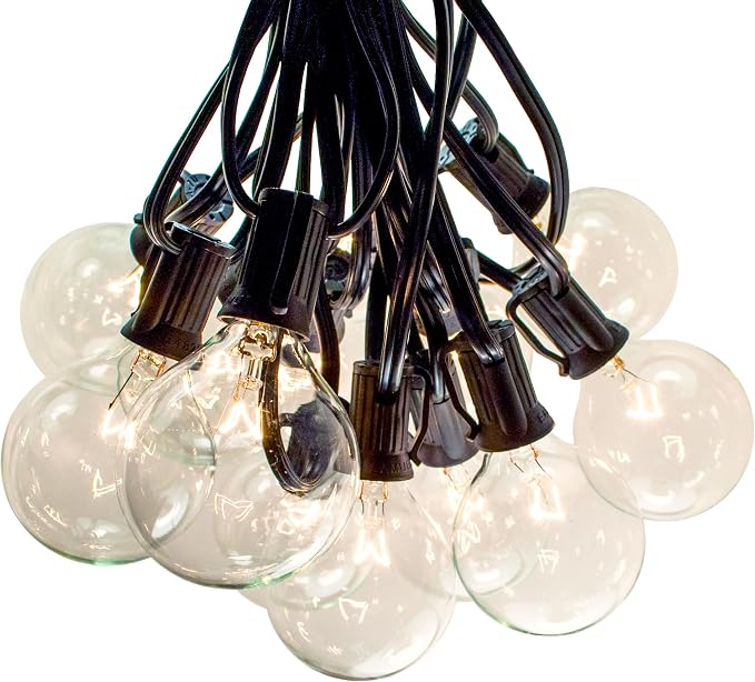 G50 Clear 2 Inch Light Bulbs with C7 Stringer 18 Gauge (Black Wire, 50')