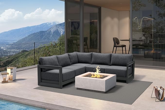 PURPLE LEAF Patio Furniture Set L-Shaped Outdoor Couch with 9.6" Thick Cushion and Soft Pillows 5 Piece Outdoor Sectional Sofas Modern Outdoor Conversation Sets for Yard Porch Deck Poolside, Grey