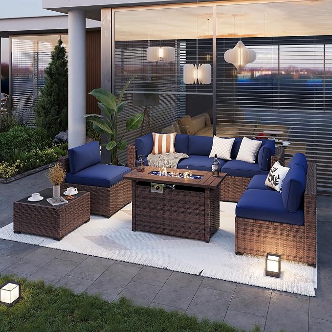 Aoxun Patio Furniture Sets, 8-Piece Outdoor Patio Furniture with 44'' Propane Gas Firepit Table, Wicker Outdoor Conversation Set Sectional Sofa for Backyard, Poolside, Garden