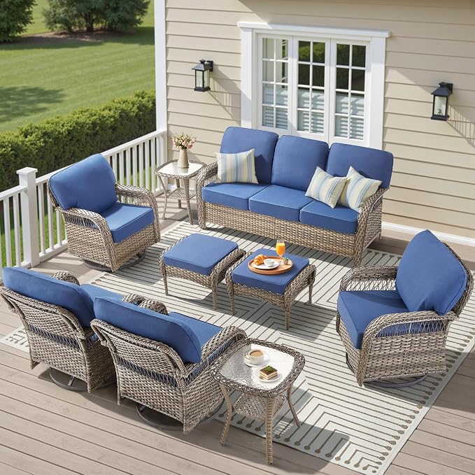 9 PCS Patio Furniture Set Outdoor Sectional Sofa Couch with Rocking Swivel Chairs 5" Deep Seat Chairs, Modern Wicker Rattan Conversation Set, Blue/Gray Wicker