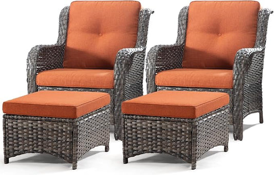 4 Pieces Outdoor Patio Furniture Set Wicker Chairs Set of 2 with Two Ottomans for Backyard, Porch, Balcony(Mixed Grey/Orange)