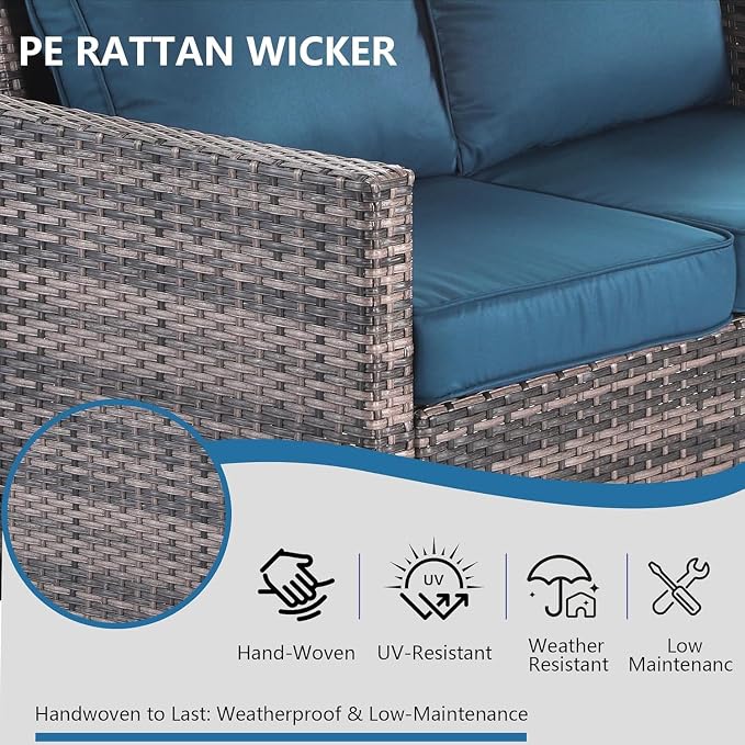LAUSAINT HOME 3 Pieces Outdoor Patio Furniture, Outdoor Sectional Sofa Patio Furniture Sets Wicker Rattan Patio Conversation Sets with Cushion and Glass Table (Peacock Blue)