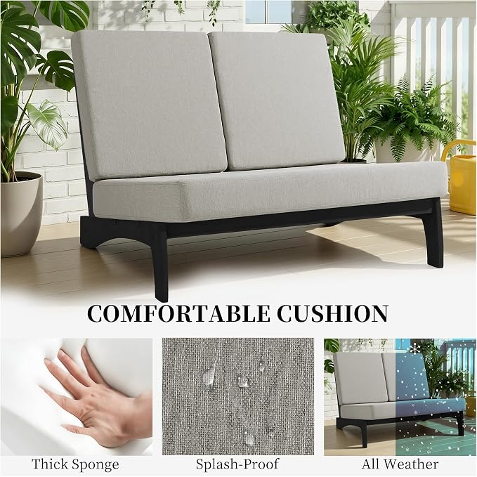 All Weather Patio Furniture Sets, 3 Pieces Black Wood Patio Loveseat Sofa Outdoor Sectional Futniture Backyard Conversation Set with Solid Wooden Coffee Table - Light Camel