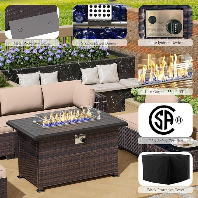 13 Pieces Outdoor Patio Furniture Set,Outdoor Sectional Furniture with 43" 55000 BTU Gas Propane Fire Pit Table,PE Rattan Wicker Patio Conversation Set with 10 Thickened Cushions,Sand
