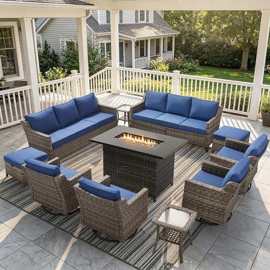 Belord Patio Wicker Swivel Rocker Patio Chairs with 3-Seater Sofa and 42.5" Fire Pit Table, Outdoor Furniture Set for Deck Porch Poolside, 11 Piece Patio Conversation Furniture Set,Blue
