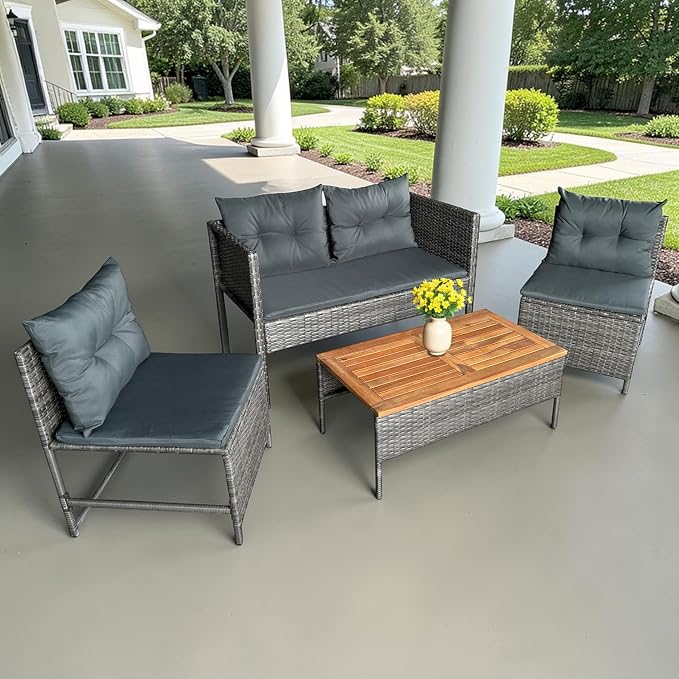 GIANGSUNNY 4 Piece Patio Furniture Set with Acacia Wood Table, Outdoor Hand-Woven Wicker Rattan Conversation Set, Weather-Resistant Seating for Patio, Balcony, Porch, Garden (Grey)