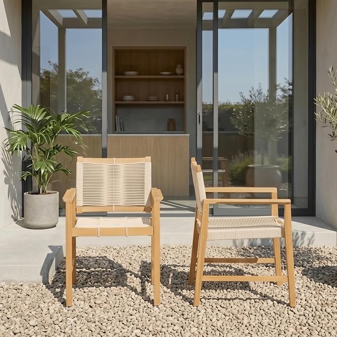NTC Luno 4 Pieces Solid Wood Lounge Armchairs with Handwoven Rope Seat & Back, Indoor & Outdoor Wooden Chairs for Patio Dining Sets, Modern Patio Lounge Chairs, Easy Assembly, Natural