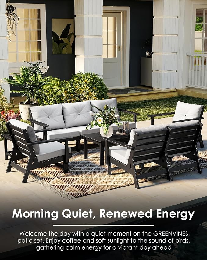GREENVINES Outdoor-Couch | HDPE Plastic | Patio Sectional Conversation Sets | All Weather Couches | Armless Single Sofa | for Porch Deck Lawn | Black Frame Light Gray Cushion