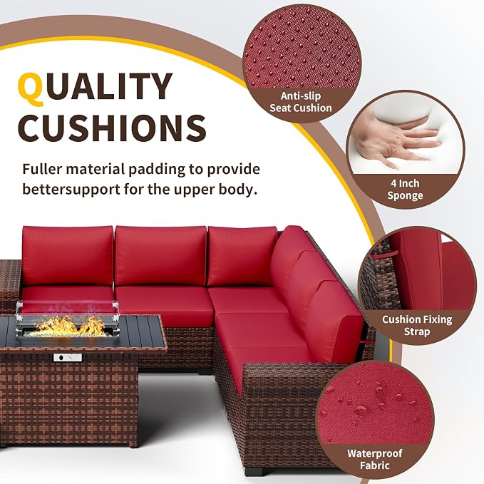 Patio Furniture with Fire Pit Table,8‘’ Wide armrest Outdoor Sectional Rattan Sofa Set, Wicker Patio Furniture Sets w/Coffee Table,Thick Cushions and Cover for Porch, Deck, 9 PC(Brown&Wine)
