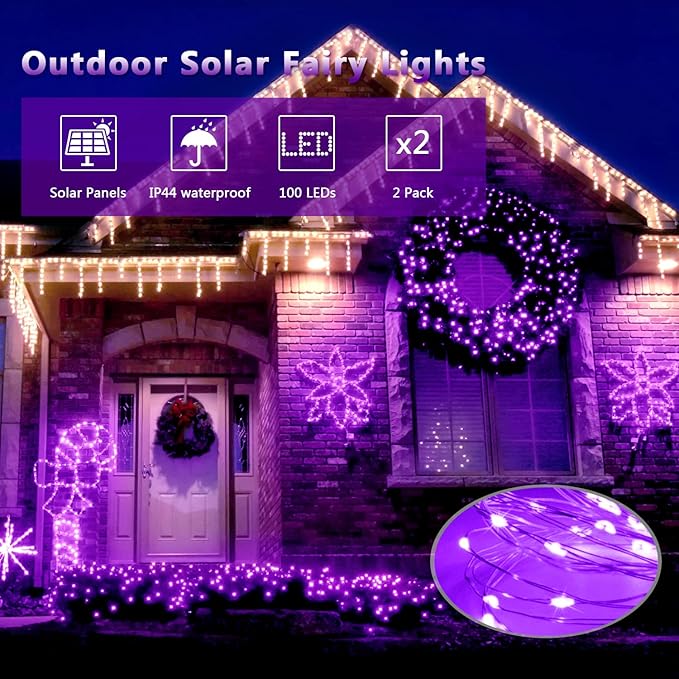 JMEXSUSS 4 Pack Solar Halloween Lights, 33FT 100 LED Purple Fairy Lights | Outdoor Waterproof, 8 Modes Solar String Lights for Outside Tree Party Patio Garden Christmas Halloween Decorations