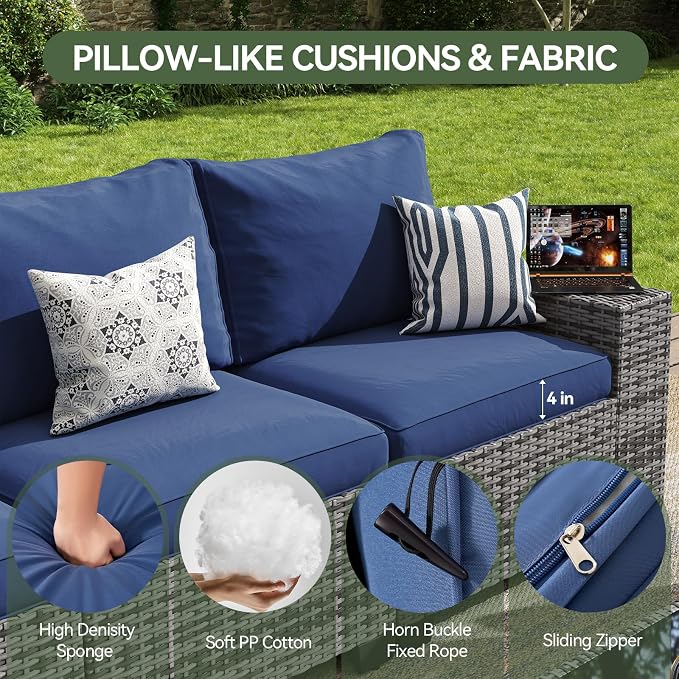 Aoxun Patio Furniture Sets with 44'' Fire Pit, 13 Pcs Outdoor Patio Coversation Set with 4in Thicken Cushion, Widen Armrests Wicker Outdoor Sectional for Backyard
