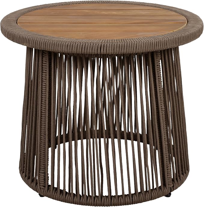 Conical Dark Beige Rope Side Table, Teak Finish Acacia Wood Top, 150 lbs Capacity, No Assembly Required, Modern Open-Weave Round Accent Table for Patio Backyard Living Room