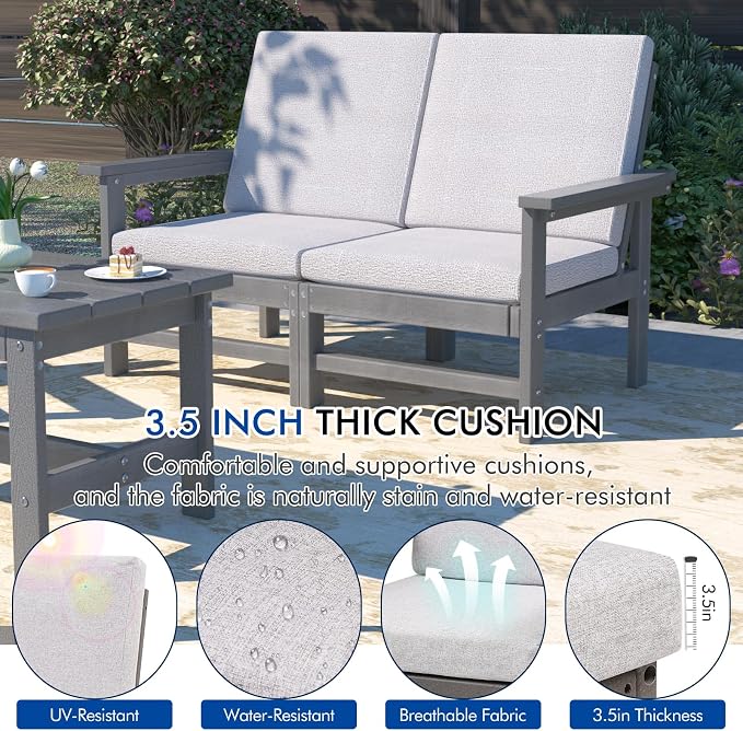 3-Piece HDPE Patio Furniture Set, All-Weather Outdoor Sectional Sofa Set with Side Table & Cushions - Wood-Like Composite Conversation Couch for Deck, Lawn, Balcony - Grey Frame