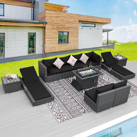 BULEXYARD 11 Piece Large High Back Outdoor Patio Furniture Sets with Firepit and Loungers, Cozy Extra Deep Wide Seating Sectional Conversation Couch Backyard Sitting Sets, Grey Wicker & Black Cushion