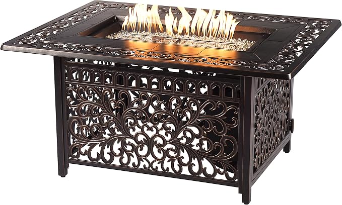 Oakland Living Black Aluminum Patio Fire Table Set with Deep Seating Sofa with Cushion and Two Club Chairs with Light Grey Cushions