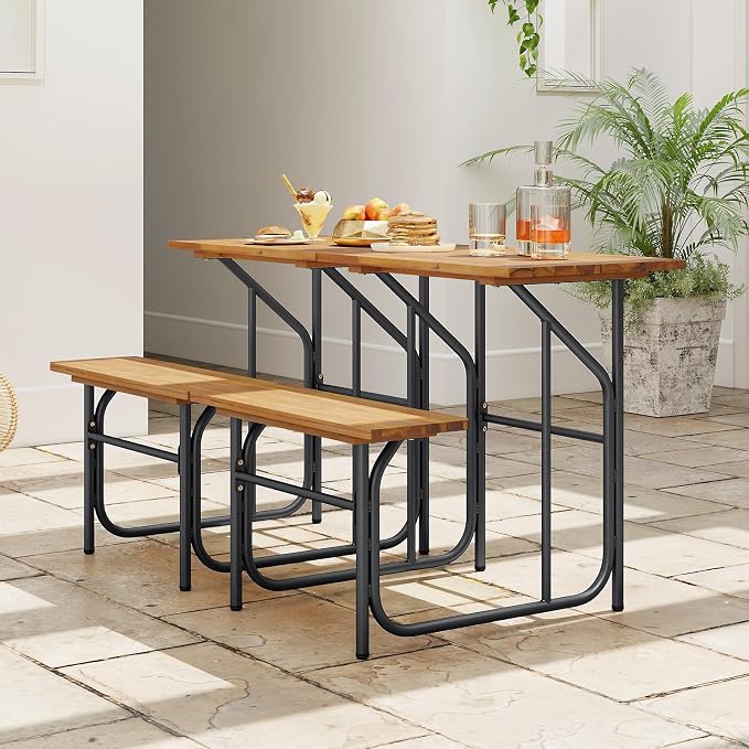 HAPPYGRILL Acacia Wood Picnic Table Bench Set, Dining Table and Bench Set with Heavy Duty Metal Frame, for Patio Porch Garden and Backyard