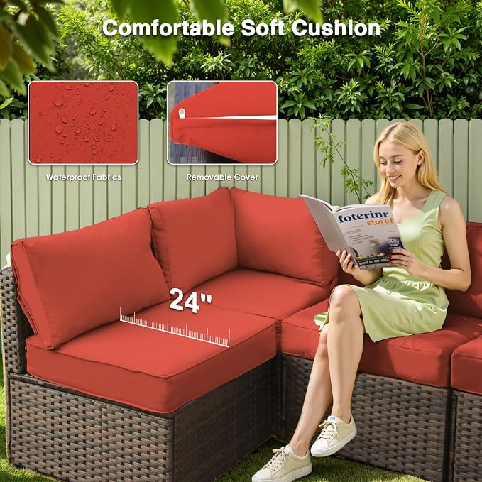 8 Piece Patio Furniture Set with Fire Pit Table All Weather PE Rattan Outdoor Sectional Sofa Couch with No-Slip Cushions and Glass Top Table for Garden, Poolside, Backyard (Red)