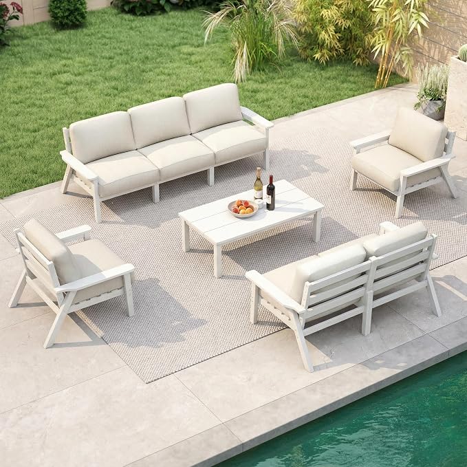 7 Piece Patio Furniture Set, HDPE Outdoor Sectional with Beige Washable Thick Cushions, Coffee Table, Patio Conversation Sets for Lawn, Garden, Porch, Balcony (White Frame)