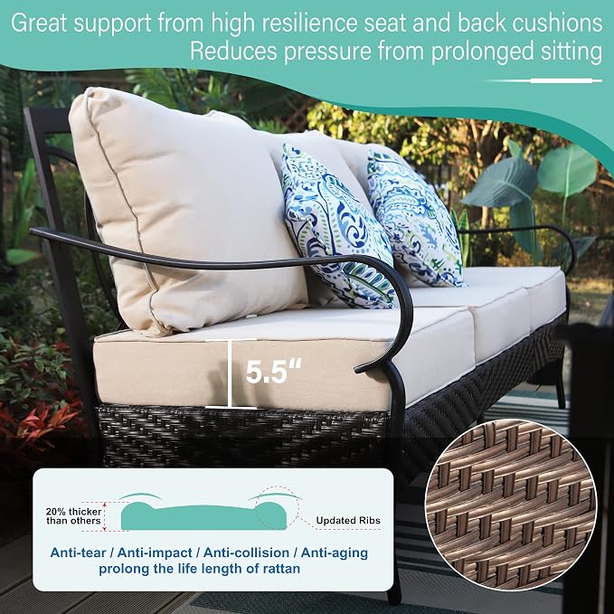 MFSTUDIO Outdoor Patio Furniture Set, 5 PCS Metal Patio Conversation Sets for 7, Modern Patio Sectional Set with High Back 3-Seat Sofa, Loveseat, 2 Swivel Sofa Chairs, 1 Coffee Table