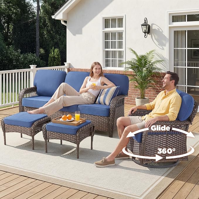 Belord Patio Wicker Swivel Rocker Patio Chairs with 3-Seater Sofa, Outdoor Rattan Chairs for Deck Porch Poolside, 10 Piece Patio Conversation Furniture Set,Blue