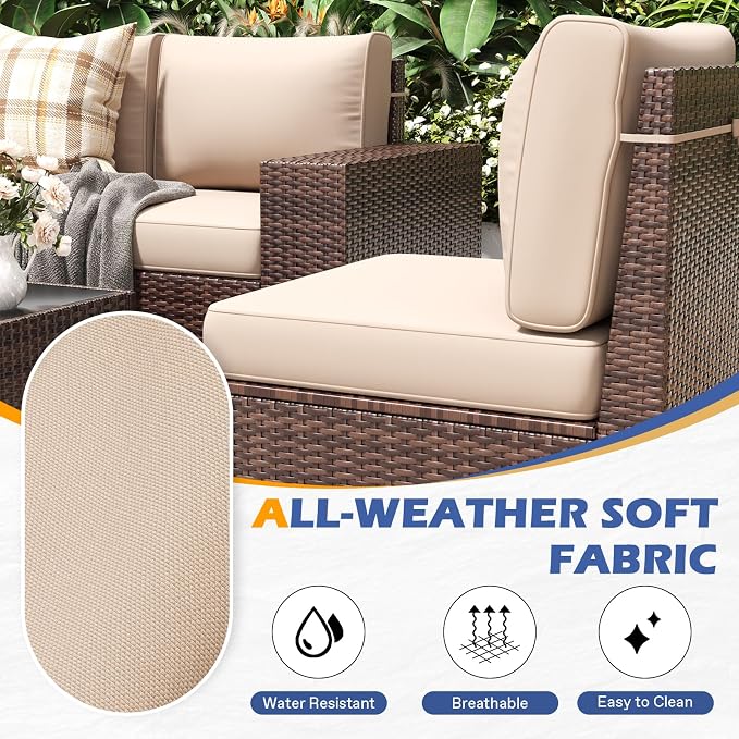 6 Pieces Outdoor Patio Furniture Set with Table Brown Rattan Sectional Sofa Conversation Sets for Balcony Lawn and Garden (Beige, 6 pcs w/Table)