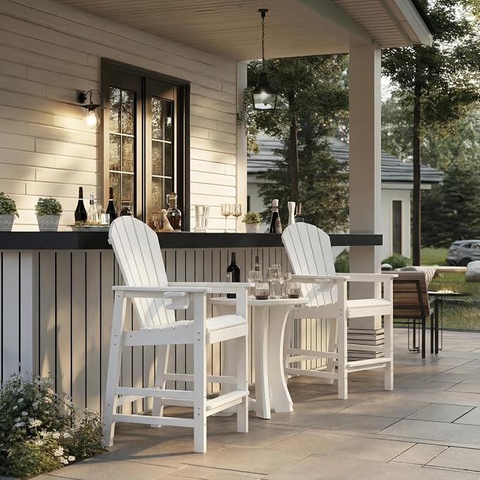 WILLIAMSPACE Patio Bar Chair Bar Stool, Outdoor All Weather HDPE Height Adirondack Chair with Armrests & Cup Holder, 1-Piece Counter Height Chair for Pool, Garden, Kitchen, ONLY Chair (White)