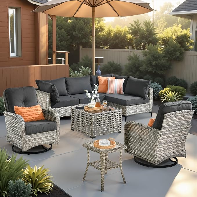 CAODOC Outdoor Sectional Patio Furniture Set,8 Pieces Wicker Conversation Sets L Shaped Couch,Out Door Sofa Outside Furniture with Swivel Chairs,Black