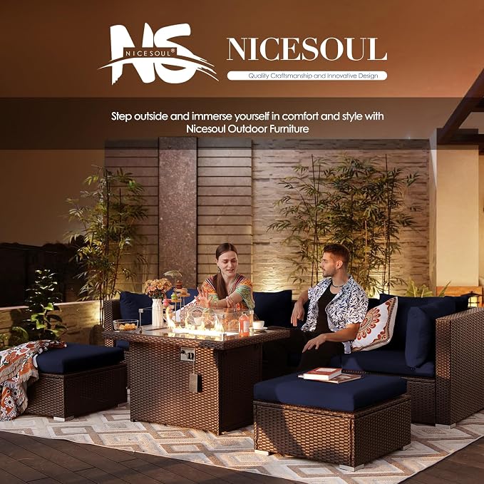 NICESOUL 15 Piece Outdoor Sectional with Fire Pit Table, Modern Luxury Patio Deep Seating w/Firepit, 29.3'' High-Back Wicker Couch Thick, Big High-Weight Capacity Sofa for Garden, Yard, Brown & Blue