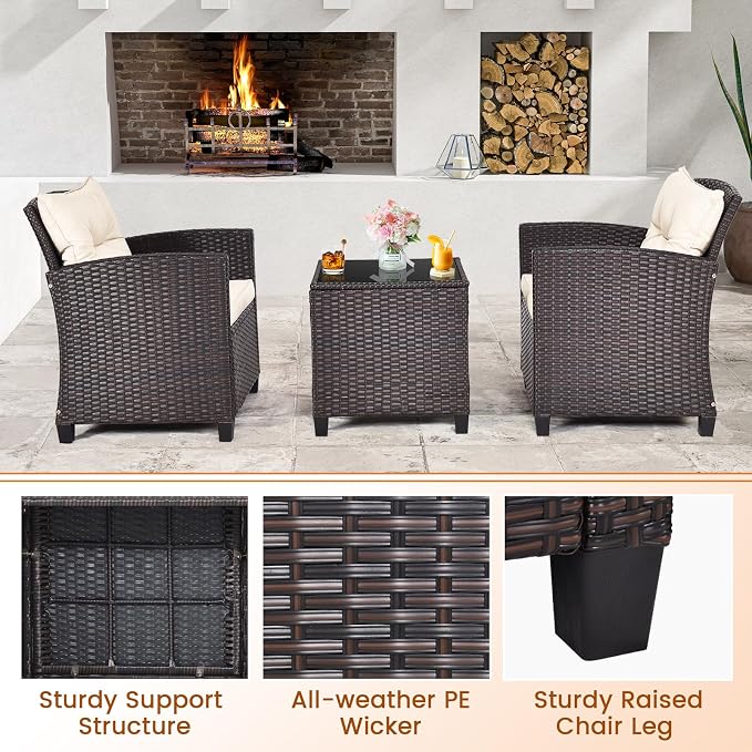 3-Pieces Patio Furniture Set, PE Wicker Chairs Sofa Set with Removable Cushions & Glass Top Side Table, Outdoor Wicker Rattan Conversation Chair for Porch,Backyard, Balcony (White)