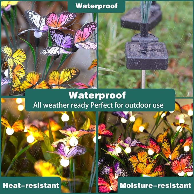 TONULAX Solar Garden Lights - 4 Pack Swaying Butterfly Light, Swaying in The Wind, Solar Outdoor Lights, Yard Patio Pathway Decoration, High Flexibility Iron Wire & Realistic Butterflies