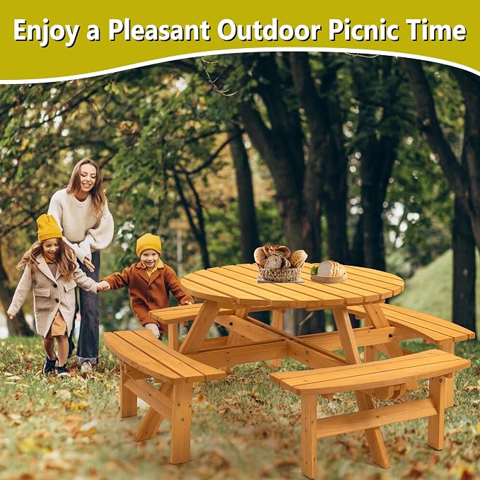 Outdoor Wooden Picnic Table with 4 Built-in Benches and Umbrella Hole for 8 Person，Outside Table and Bench Set Round Picnic Table for Garden, Backyard, Porch,Patio（Natural