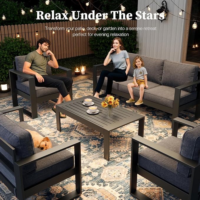 4 Piece Modern Aluminum Patio Furniture Set, Outdoor Patio Sectional Conversation Metal Seating Sets with Olefin Cushion and Coffee Table