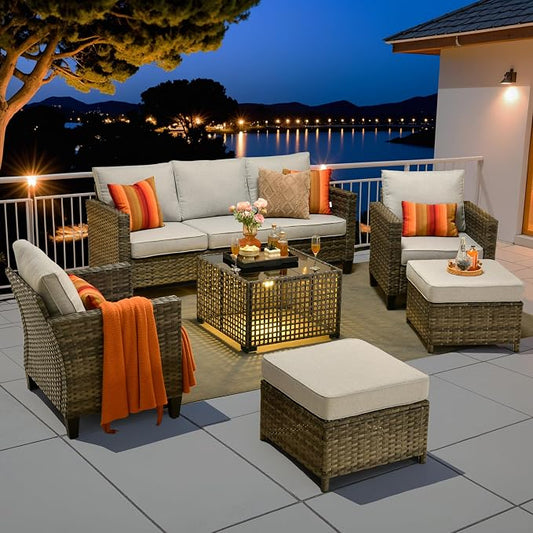 6 Piece Wicker Patio Furniture Set with Solar Table, Gray | Outdoor Deep Seating Sofa Chair Ottoman, Solar Lights Table, All Weather Rattan, Modern Conversation Set, Porch Deck Backyard