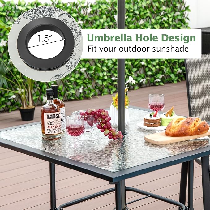HAPPYGRILL Patio Square Dining Table 35" x 35", Outdoor Dining Table with Tempered Glass Tabletop & 1.5" Umbrella Hole, Metal Bistro Table for Garden Backyard and Porch