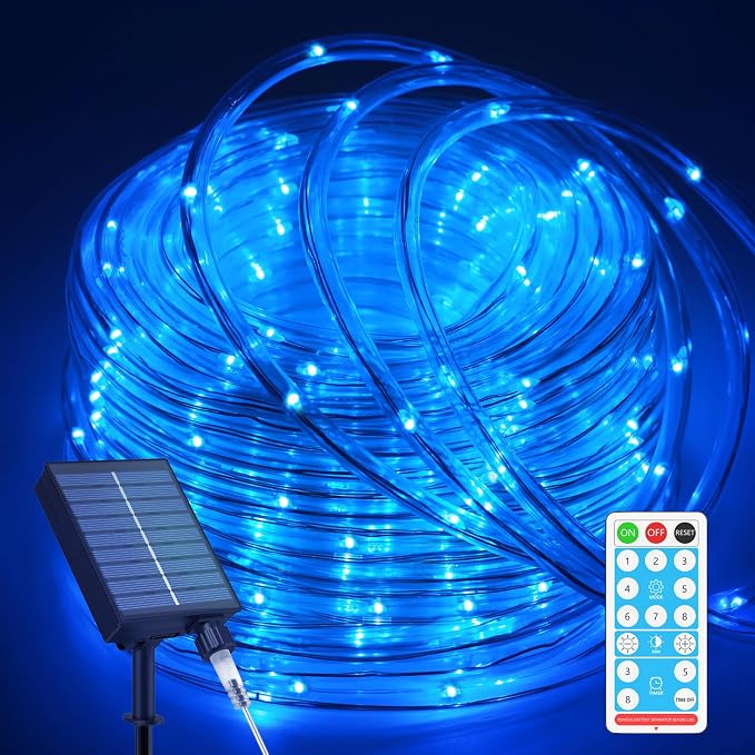 ICRGB Solar Pool Lights, 66FT 200LED 1800mAh Solar Rope Lights (Blue) | Type C & Solar, With Remote, Waterproof, Timing, 8 Modes, for Above Ground Pool Garden Patio Fence Walkway Christmas