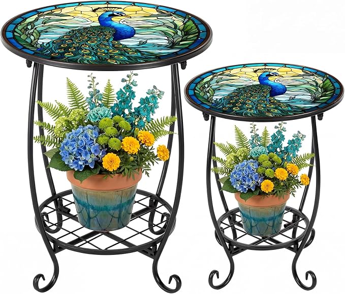 Cinnvoice 2 Pcs Outdoor Side Table Small Patio Round Mosaic Accent End Table Indoor Plant Metal Coffee Tea Tables for Patio Yard Porch Garden Living Room(12" and 16",Peacock Style)
