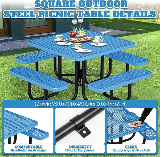 46IN Square Outdoor Picnic Table with Attached Seats, Heavy-Duty Metal Expanded Mesh Patio Table, 1600LBS Load Capacity Commercial-Grade Table for Park, Backyard, Deck, Blue
