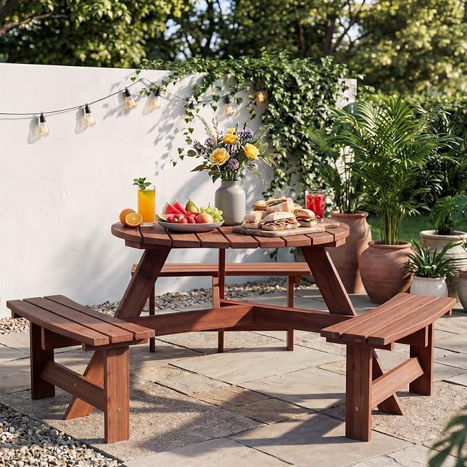 Garvee 6 Person Wooden Picnic Table, Outdoor Picnic Tables with 3 Built-in Benches, Circular Camping Dining Table and Chairs Set with Umbrella Hole for Garden, Patio, Backyard, Walnut Brown