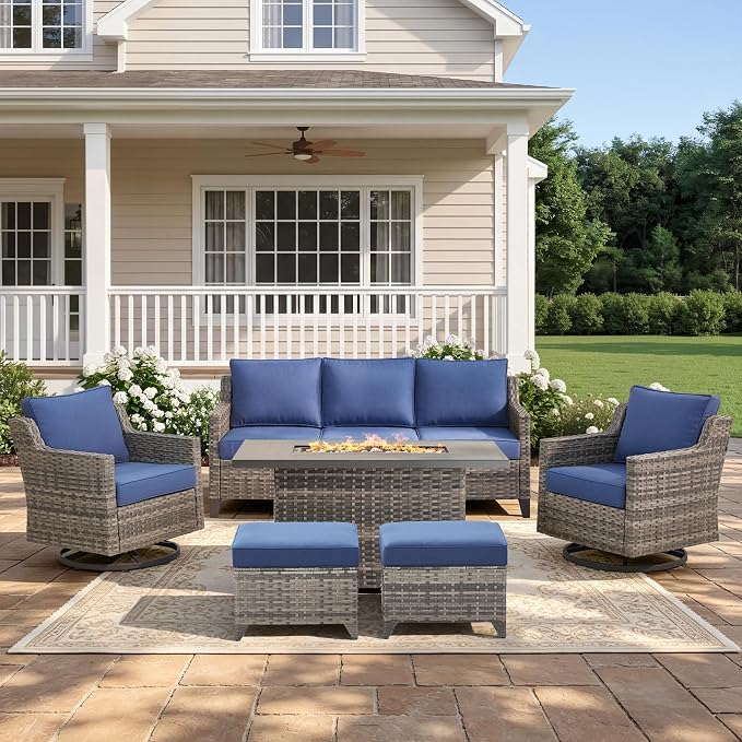 Belord Patio Wicker Swivel Rocker Patio Chairs with 3-Seater Sofa and 42.5" Fire Pit Table, Outdoor Furniture Set for Deck Porch Garden, 5 Piece Patio Conversation Furniture Set,Blue