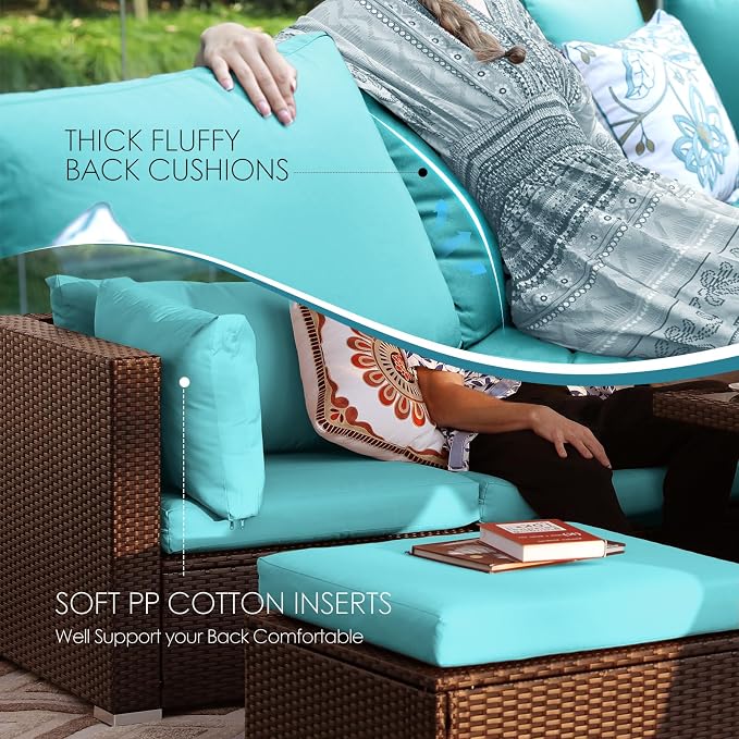 NICESOUL 11 Piece Outdoor Furniture Set with Fireplace, Luxury 10-Seats Patio Sectional Sets, 29.3'' High-Back Backyard Seating Area, All-Weather Wicker Couch Sofa Modular, Brown & Teal