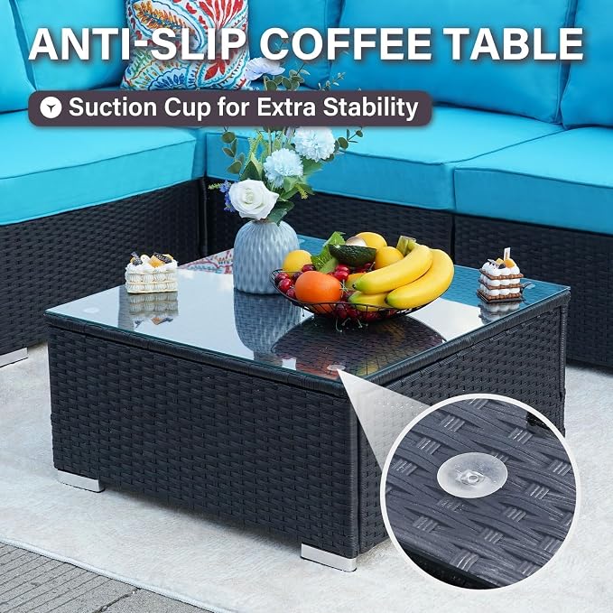 7-Piece Outdoor Patio Furniture Set – Handwoven All-Weather Rattan & 4” Thick Waterproof Cushions, Wicker Outdoor Conversation Sets with Coffee Table for Deck, Backyard, Garden, 2026, Black/Blue