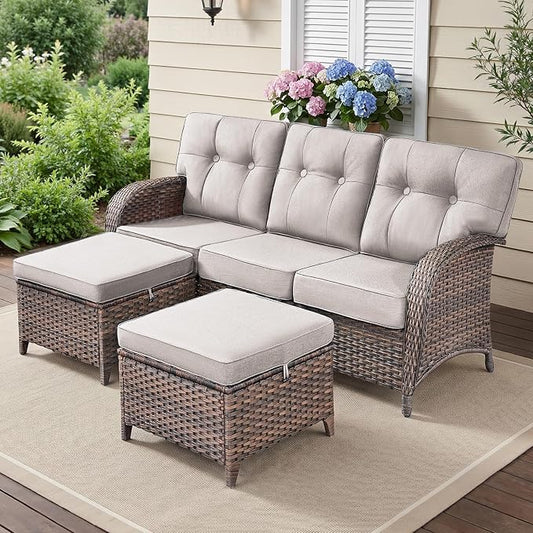 3-Piece Wicker Patio Furniture Set with 5-Inch Thick Cushions Outdoor Hand-Woven Rattan Sofa and Ottomans Set Weather Resistant Conversation Couch for Backyard Porch Garden Brown/Beige