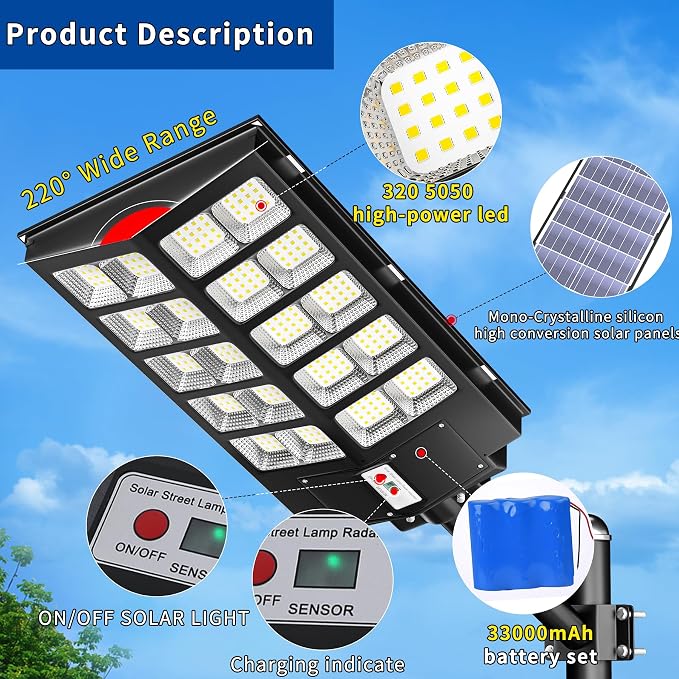 Solar Street Lights Outdoor,Of-6000W Commercial Parking Lot Light | Solar Flood Light, LED Area Light with Motion Sensor, Dusk to Dawn, Remote Control for Security Lighting in Streets, Barns