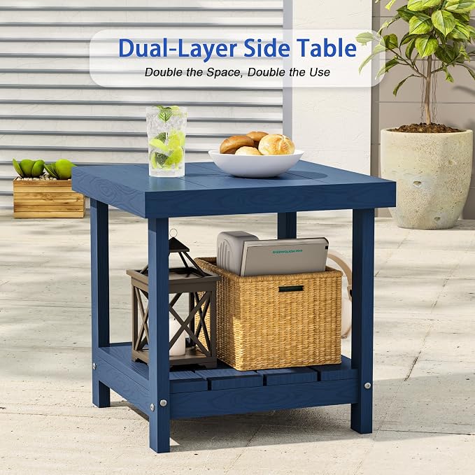2-Tier HDPE Outdoor Square Side Table, Heavy-Duty Patio Side Table with Storage Shelf, Weather-Resistant Adirondack End Tables for Backyard, Pool, Porch, Garden, Lawn, Navy Blue