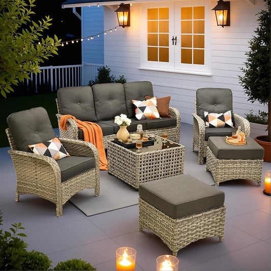 6-Piece Outdoor Patio Furniture Set with Glowing Coffee Table,All Weather Wicker Rattan Patio Seating Sofa and Chair Set with Ottomans,Outdoor Conversation Sets for Porch Deck Yard,Black