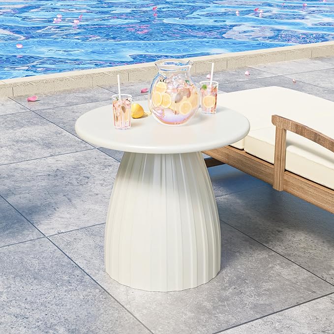 Round Small Patio Side Table, Metal Steel Outdoor Side Table, Patio Accent End Table for Garden, Pool, Deck, Balcony, Yard, Living Room, White, Weather Resistant, No Assembly