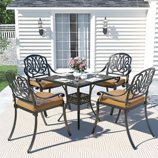 MEETWARM 5-Piece Outdoor Patio Dining Set, All-Weather Cast Aluminum Patio Conversation Set for Backyard Garden Deck with 4 Chairs, 4 Cushions and 35.4" Square Table, 2.2" Umbrella Hole