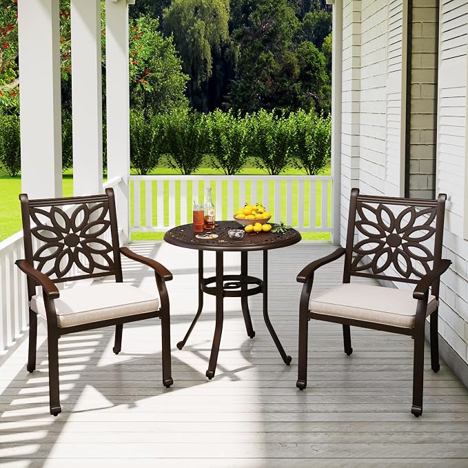 PHI VILLA 3-Piece Patio Bistro Set, 32" Round Cast Aluminum Table, Bronze | Cushions Chairs, Fixed Chairs, Umbrella Hole, All-Weather Use, Armrests