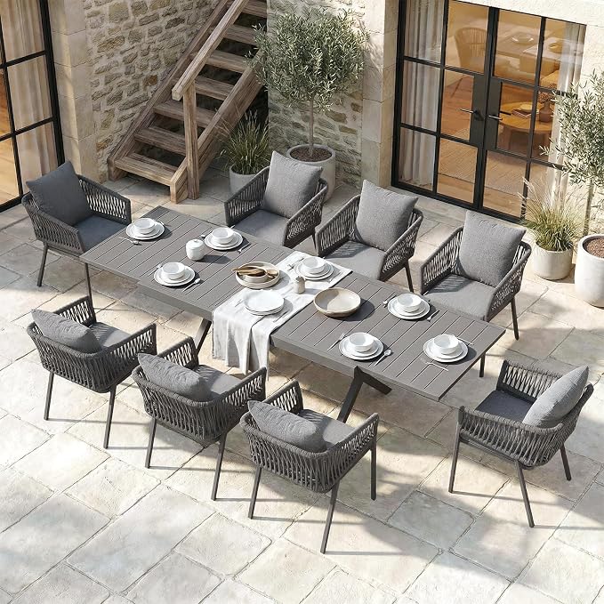 SUNSITT 9 Piece Outdoor Patio Dining Set, 65" - 107" Metal Expandable Outdoor Dining Table with X-Shape Legs, 8 Woven Rope Outdoor Patio Chairs w/Curved Armrest for Garden, Dark Grey